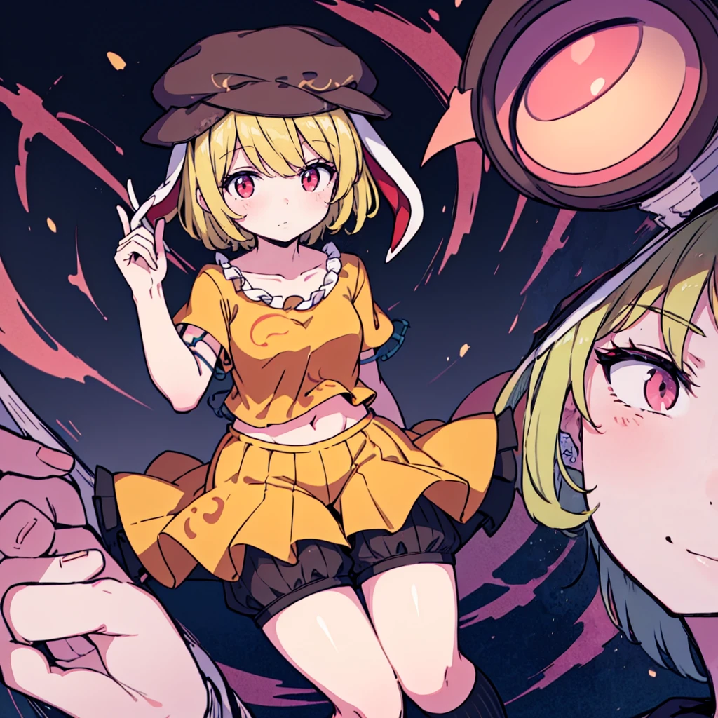 1girl,ringo \(touhou\),blonde hair, short hair, (cabbie hat:1.4), orange shirt, navel, rabbit ears, red eyes, collarbone, frilled dress, yellow shorts,(black ribbed kneehighs:1.3),close up kneehighs,ropa ajustada y pechos grandes 