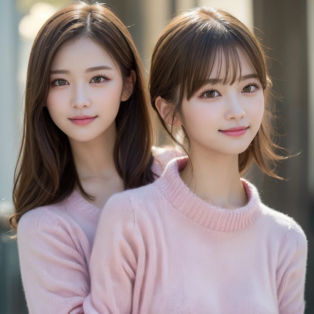 (masterpiece:1.5)、(Realistic:1.5)、(Highest quality:1.4、8K、RAW Photos)、 Ultra-high resolution、Professional Lighting、Perfect dynamic composition、Frank、Sophisticated、charm、超Realistic、High detail、Golden Ratio、 (1 girl)、Slender girl、繊細でcharm女の子、Cute Woman:1.4、 Serious expression、Looking at the audience、Sculptural installation、Light brown hair、Shiny Hair、Long hair、 Realistic Skin、 smile、Fine Eyes、double eyelid、Thin arms、(Wearing a pink knitted sweater:1.3)