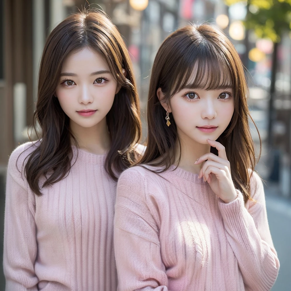 (masterpiece:1.5)、(Realistic:1.5)、(Highest quality:1.4、8K、RAW Photos)、 Ultra-high resolution、Professional Lighting、Perfect dynamic composition、Frank、Sophisticated、charm、超Realistic、High detail、Golden Ratio、 (1 girl)、Slender girl、繊細でcharm女の子、Cute Woman:1.4、 Serious expression、Looking at the audience、Sculptural installation、Light brown hair、Shiny Hair、Long hair、 Realistic Skin、 smile、Fine Eyes、double eyelid、Thin arms、(Wearing a pink knitted sweater:1.3)