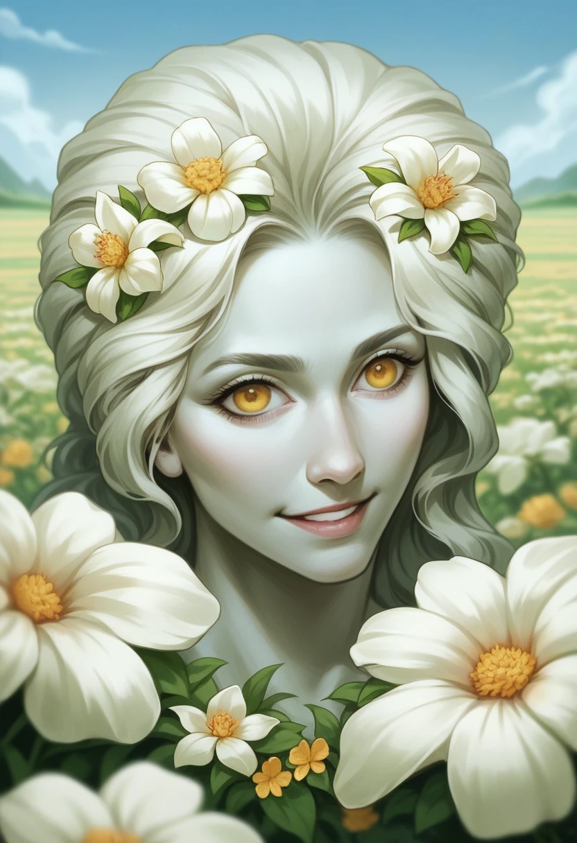 A cinematic photo of iberty statue with a smiling beauty face, as she strides confidently through a Beautiful flower fields filled with flowers of various colors, with the model's flawless skin glowing like a beacon of hope amidst the ravaged urban landscape. photographed with a shallow depth of field to blur the bleak surroundings, emphasizing her striking, rebellious pose.  golden hour, photorrealistic, 8k, close up on face