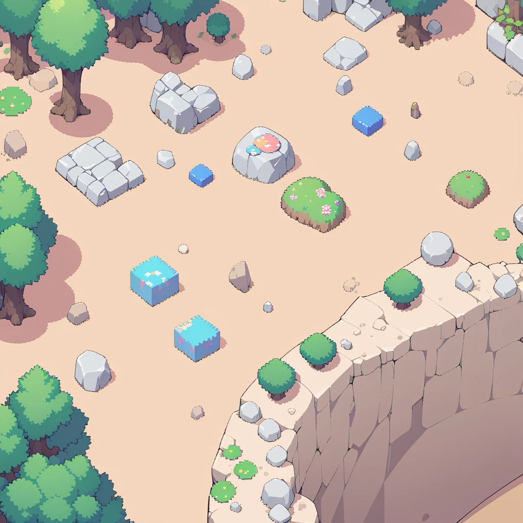 retro video game style,pixelated, vibrant pastel colors,8-bit characters,blocky shapes,sharp lines,detailed shading,classic gaming vibe,nostalgic atmosphere,classic arcade games,masterpiece:1.2,ultra-detailed,illustration style, 2d texture, stone texture, 4 k seamless mud texture, video game texture, dirt texture, tileset, game tiles, grass, trees, rock texture, detailed trees, topdown view, game texture, game art, tileable texture, very detailed cliff texture, intricate stones, top down view, 3/4th perspective