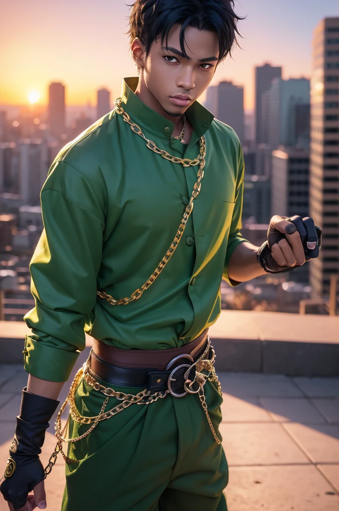 (Frontal focus),Anime style illustration of a man in an oversized green blouse and a chain around his waist, "(best qualityer,ultra detali),detailed right hand,(fingerless glove,Gloved hands), | | |, male anime character, city background, Sunset gradient background, fade haircut, Black teen, Young african american man in muya thai fighting stance