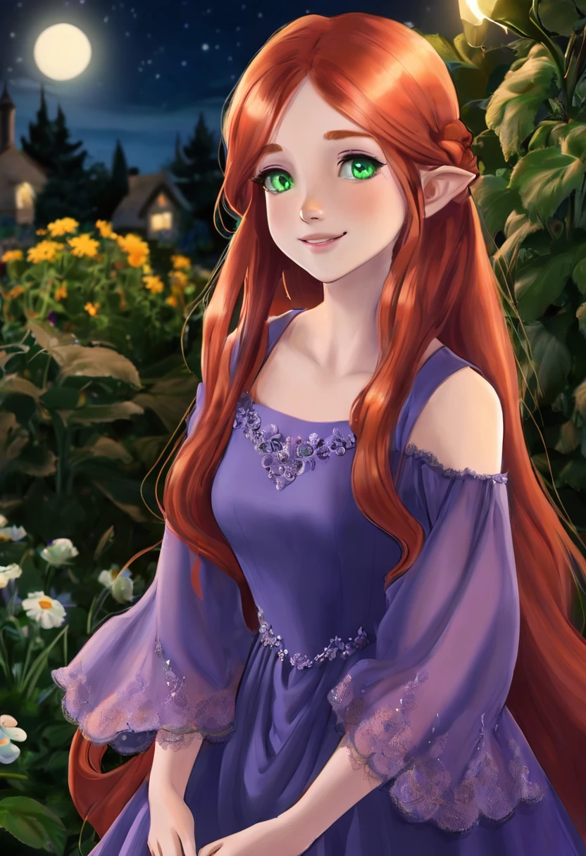 1  girl, alone, long red hair, green eyes, smiling lips, clear skin, old, purple dress, background of a flower garden((at night)), 