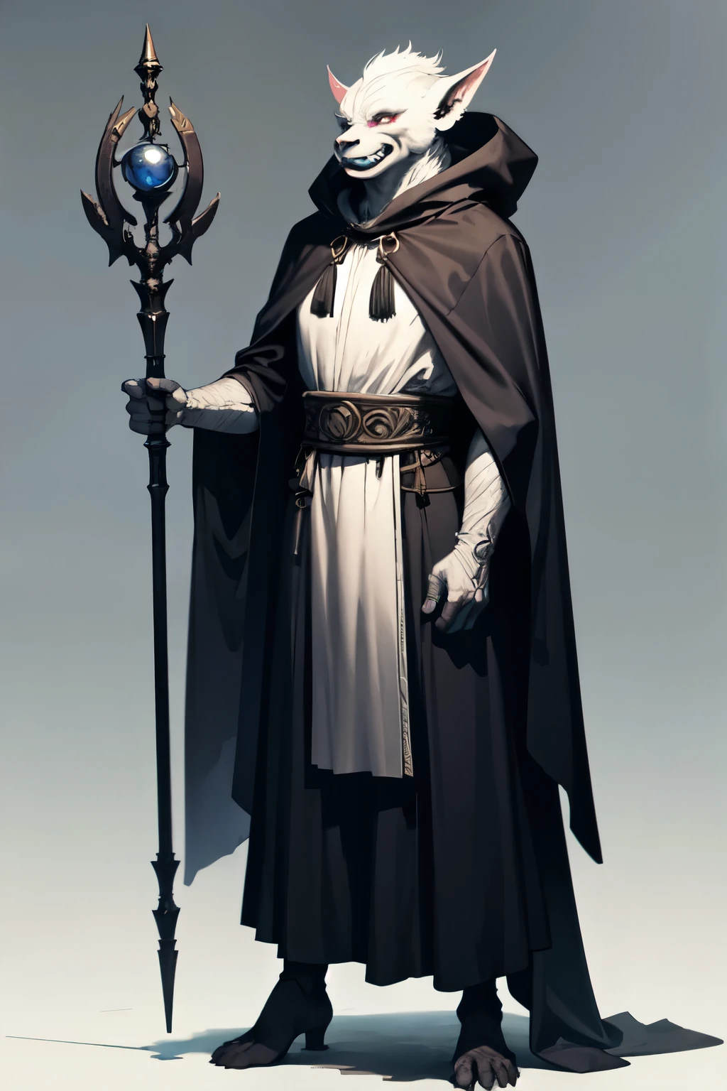 albino orc with a magic staff and dressed in a full-body cloak