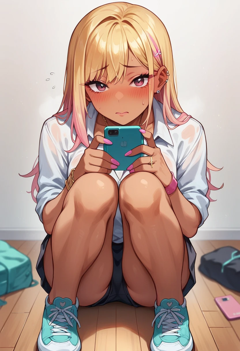 ((sexy girl ,gyaru))nsfw,glamorous, yoga wear.point the smart phone,embarrassed,blush,looking at viewer,crawling position on their hands and knees