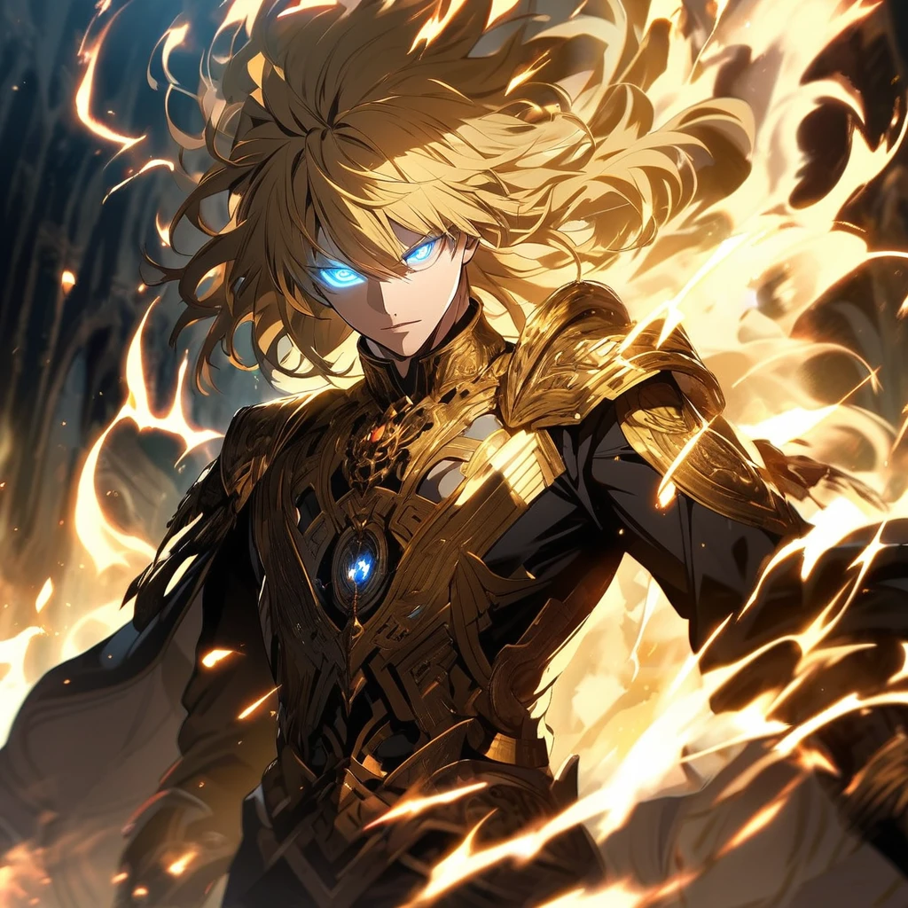 male, solo, handsome, blond hair, god, god eyes, glowing eyes, light, aura, holo, golden