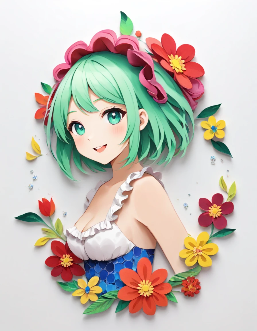 Paper cutting art,(Flat paper cutout,Paper Art,layered Paper Art,Paper Quilting, Digital Art),against a pure white background,(High detail, masterpiece, Highest quality, Ultra-high resolution),woman、womanを画像サイズ内に描く、Upper Body、From the waist up、Eyes are patchy、Sparkling eyes、Non-rev�ve clothing、She is wearing a dress with frills and lace.、flower、Facing forward、laughing、short hair、flowerの種類変えて、Change the pose、Change your body position、Change your body position、Green as the main color、Change your hairstyle、Change your hair color、Change your clothes、