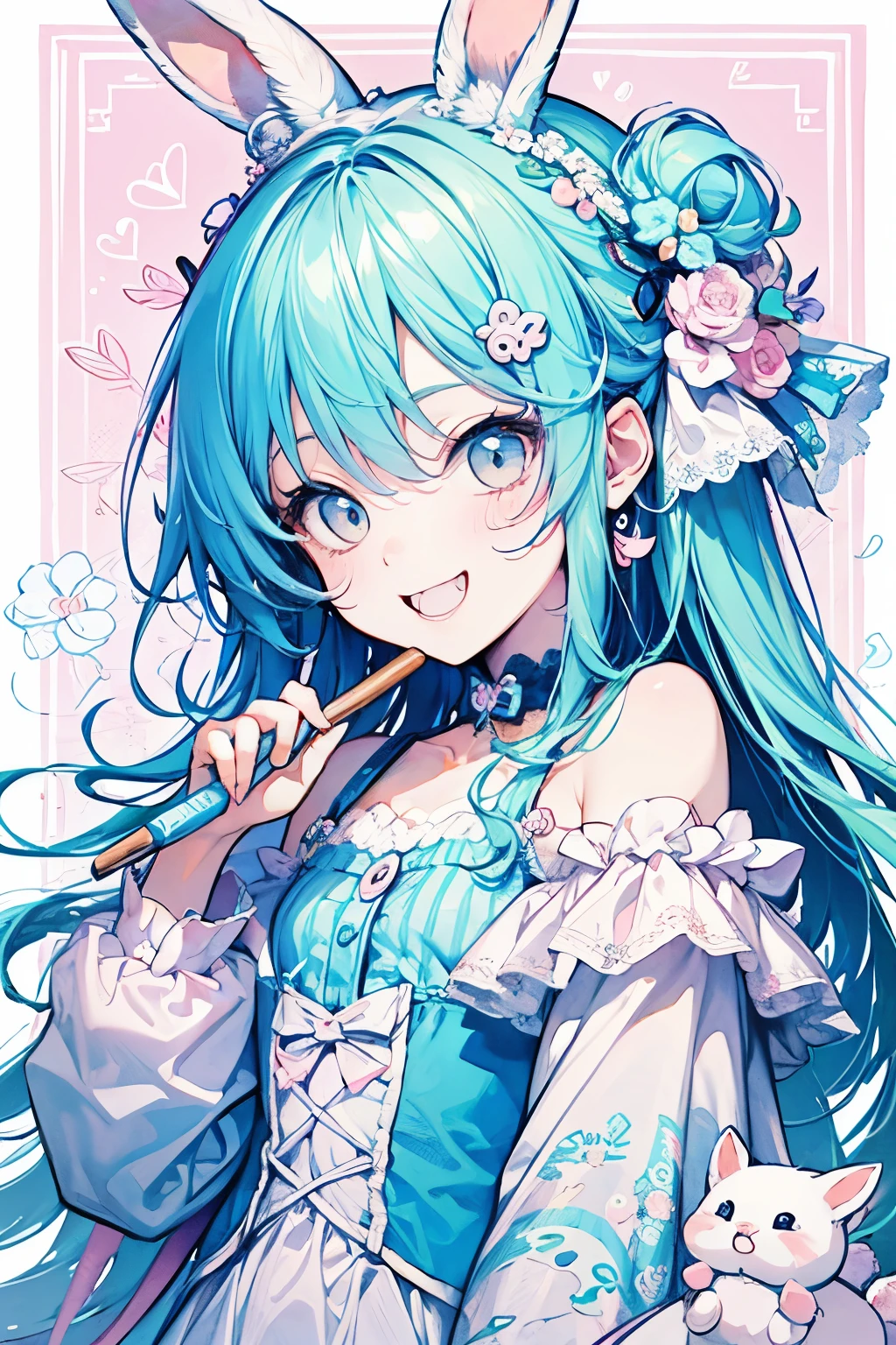 chibi character,Rabbit motif,(brush),((cute,kawaii,wonderland)),((pastel color)),((Cute assortment)),(Shy laugh)