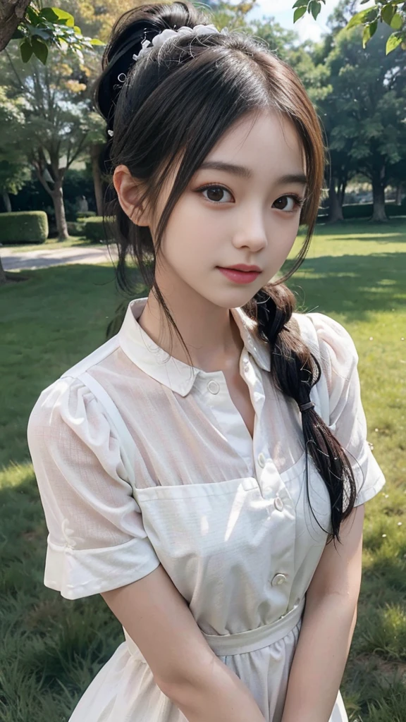 collared dress,European park,On the lawn,Close up face,One woman,masutepiece, The highest image quality, High quality, the background is clear,Beautiful woman, Japanese,Ultra-detailed, finely detail, hight resolution, 8K Wallpaper, Perfect dynamic composition, Beautiful detailed eyes , Detailed, Detailed eyes, Detailed skin, Beautiful skin, 超hight resolution, (reality: 1.4),Very beautiful woman, Slightly younger face, Beautiful skin, slender, (Ultra photo realsisim), (hight resolution), (8K), (Very detailed) (beautifully detailed eyes), (super detailed), (Detailed face), view the viewer, Fine details, Detailed face, Staring straight ahead, Staring straight ahead, photos realistic, Bright lighting, Professional Lighting, Black hair,poneyTail,a baby face,sixteen years old,Hairstyle: ponytail,Long ponytail hairstyle,slight smile,neat and tidy clothing,Beautiful Japanese KPOP idol photo, hair style is ponytail, my eyes are double and wide, baby face, smile and look straight ahead, slender, small breasts,Close up face,