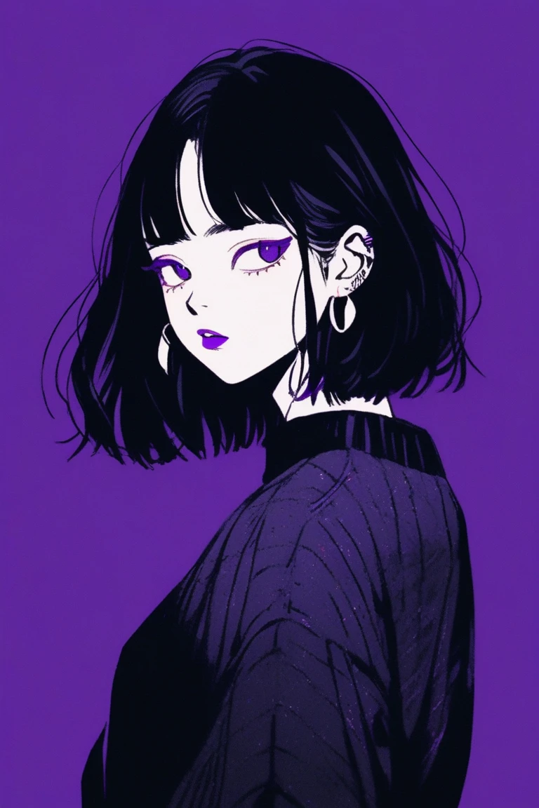 (best quality, sketch:1.2), dark solid background, japanese cartoon movies,Illustrator,japanese cartoon movies,1 girl, detailed lips,sweater,custom, ( dark background),Neon Hair,Textured Crop,Canadian, masterpiece, style retro classic, dark black, Art, sketch book, (bob hair purple:1.35, Black color:1.55), bad girl