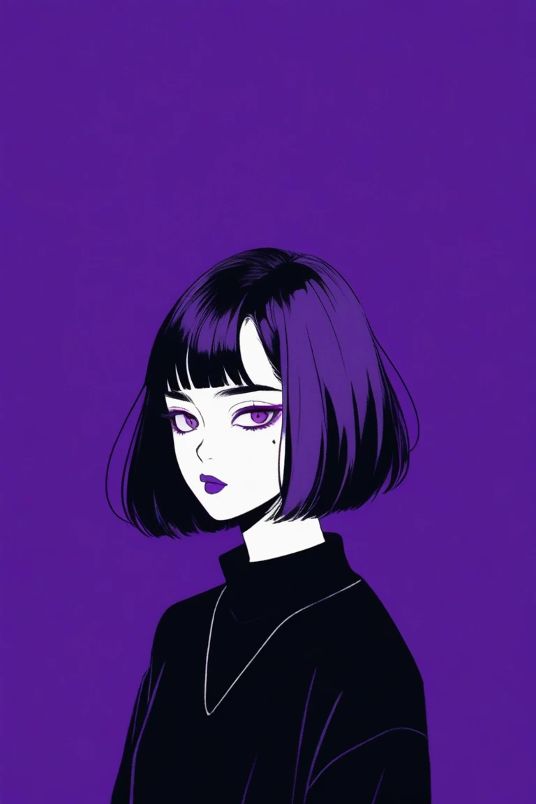 (best quality, sketch:1.2), dark solid background, japanese cartoon movies,Illustrator,japanese cartoon movies,1 girl, detailed lips,sweater,custom, ( dark background),Neon Hair,Textured Crop,Canadian, masterpiece, style retro classic, dark black, Art, sketch book, (bob hair purple:1.35, Black color:1.55), bad girl 