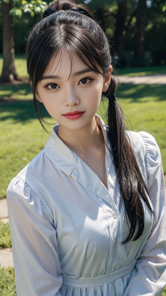 collared dress,European park,On the lawn,Close up face,One woman,masutepiece, The highest image quality, High quality, the background is clear,Beautiful woman, Japanese,Ultra-detailed, finely detail, hight resolution, 8K Wallpaper, Perfect dynamic composition, Beautiful detailed eyes , Detailed, Detailed eyes, Detailed skin, Beautiful skin, 超hight resolution, (reality: 1.4),Very beautiful woman, Slightly younger face, Beautiful skin, slender, (Ultra photo realsisim), (hight resolution), (8K), (Very detailed) (beautifully detailed eyes), (super detailed), (Detailed face), view the viewer, Fine details, Detailed face, Staring straight ahead, Staring straight ahead, photos realistic, Bright lighting, Professional Lighting, Black hair,poneyTail,a baby face,sixteen years old,Hairstyle: ponytail,Long ponytail hairstyle,slight smile,neat and tidy clothing,Beautiful Japanese KPOP idol photo, hair style is ponytail, my eyes are double and wide, baby face, smile and look straight ahead, slender, small breasts,Close up face,