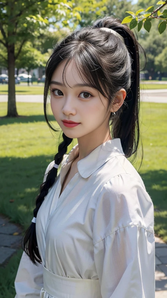 collared dress,European park,On the lawn,Close up face,One woman,masutepiece, The highest image quality, High quality, the background is clear,Beautiful woman, Japanese,Ultra-detailed, finely detail, hight resolution, 8K Wallpaper, Perfect dynamic composition, Beautiful detailed eyes , Detailed, Detailed eyes, Detailed skin, Beautiful skin, 超hight resolution, (reality: 1.4),Very beautiful woman, Slightly younger face, Beautiful skin, slender, (Ultra photo realsisim), (hight resolution), (8K), (Very detailed) (beautifully detailed eyes), (super detailed), (Detailed face), view the viewer, Fine details, Detailed face, Staring straight ahead, Staring straight ahead, photos realistic, Bright lighting, Professional Lighting, Black hair,poneyTail,a baby face,sixteen years old,Hairstyle: ponytail,Long ponytail hairstyle,slight smile,neat and tidy clothing,Beautiful Japanese KPOP idol photo, hair style is ponytail, my eyes are double and wide, baby face, smile and look straight ahead, slender, small breasts,Close up face,