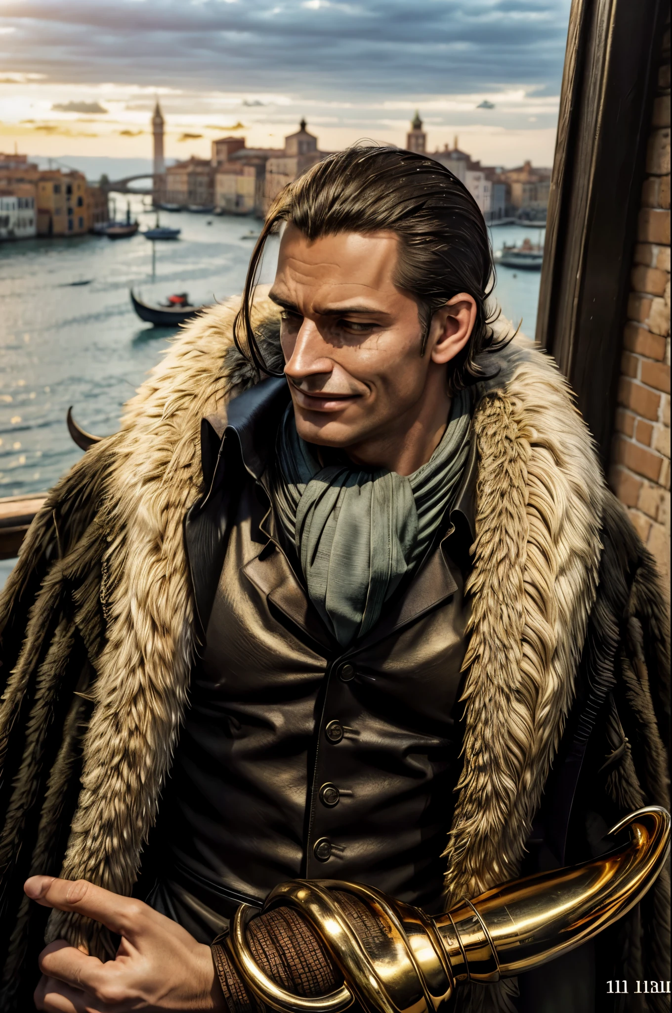 masterpiece, best quality, extremely detailed, hyperrealistic, photorealistic, a cool 40s man, ultra detailed face:1.2, fur-trimmed coat, scarf around the neck, his left hand is a golden pirate hook:1.1, cigar, sunshine:1.1, the view from high-rise tower, weathercock, venice, sly smile, fashion model pose