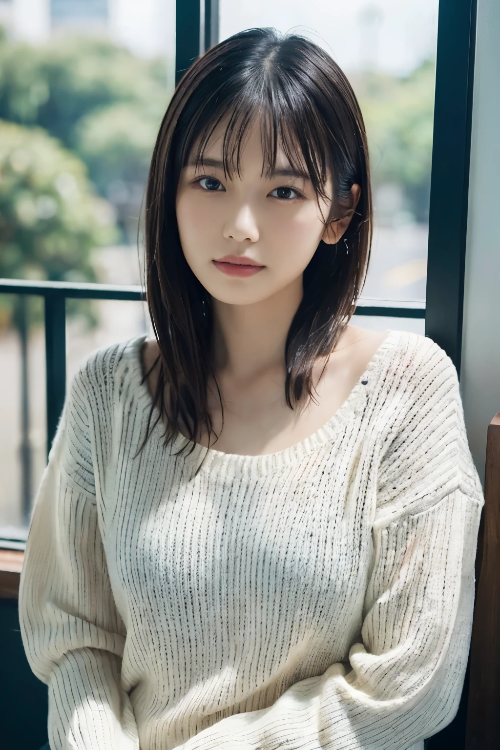 1 Girl, (Wearing a white summer sweater:1.2), Very beautiful Japanese idol portraits, 
(RAW Photos, Highest quality), (Realistic, Realistic:1.4), (masterpiece), 
Very delicate and beautiful, Very detailed, 2k wallpaper, wonderful, finely, Very detailed CG Unity 8K 壁紙, Very detailed, High resolution, Soft Light, 
Beautiful detailed girl, Very detailed目と顔, Beautiful and sophisticated nose, finelyて美しい目, Cinema Lighting, 
(I am doing gravure shoots for fashion magazines.:1.3), (indoor), (Staring out the window on a rainy day:1.3),
(short hair), 
Complete Anatomy, Slender body, Small breasts, 