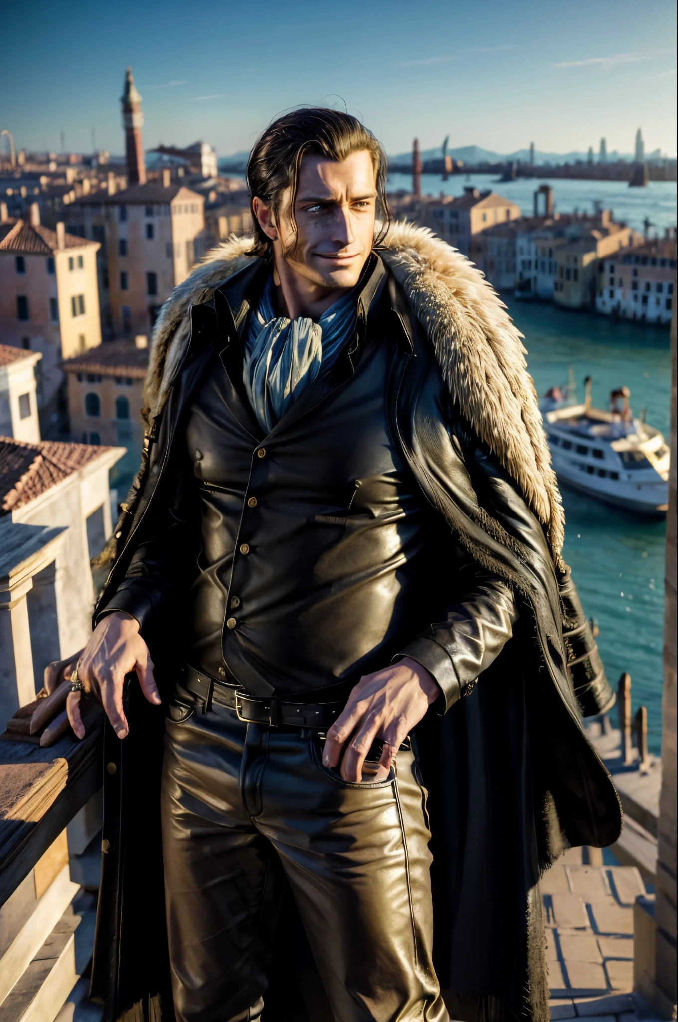 masterpiece, best quality, extremely detailed, hyperrealistic, photorealistic, a cool 40s man, ultra detailed face:1.2, fur-trimmed coat, scarf around the neck, his left hand is a golden pirate hook:1.1, cigar, sunshine:1.1, the view from high-rise tower, weathercock, venice, sly smile, fashion model pose