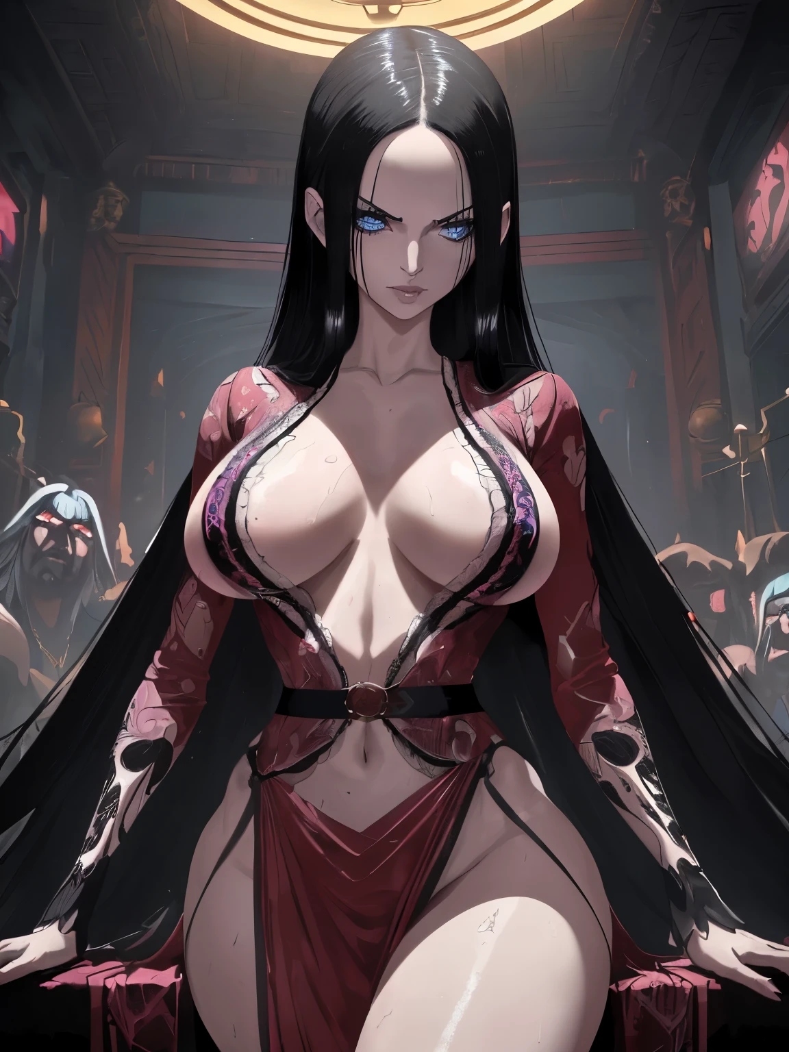 Best Quality,8k,high resolution,Masterpiece:1.2), (ultra detailed), (NSFW not safe for work art), (semi - naked) (boa hancock) (One piece setup), (pose sexual), (realist,photorealist,photo-realist:1.37), (HDR,HD), (portrait), (vivid colors), (long legs), (clearly elongated face), (Hermosos detailed eyes), (light blue eyes with black profundos), (beautiful detailed lips), (extremely detailed eyes and face), bright Eyes, light blue eyes with black, Dynamic angle and posture, perspiration, undressing (long eyelashes), (long black hair), (sharp focus), (physically based rendering), (BIG BREASTS) (open legs), (intense), (expression of intense desire), (motion blur), (elegant), (slim figure), (anime inspired), (bright lights), (sexual), (contrasting colors), (mysterious atmosphere), (action packed scene), (Unique style), (striking), (Handsome), (evocative), (expressive), (Intriguing atmosphere), (giant breasts:1.2) ((Best Quality)),((Very detailed)),Masterpiece,absurdities,detailed face,beautiful face,(detailed eyes, deep eyes),(1 girl),((dynamic pose)), looking at the viewer, SMILE, erotic lingerie