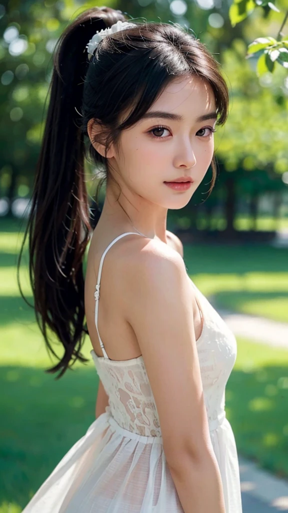 dress,outdoors,Urban Park,On the lawn,One woman,close up face,fully body photo,masutepiece, The highest image quality, High quality, the background is clear,Beautiful woman, Japanese, Detailed, Ultra-detailed, finely detail, hight resolution, 8K Wallpaper, Perfect dynamic composition, Beautiful detailed eyes ,Detailed eyes, Detailed skin, Beautiful skin, 超hight resolution, (reality: 1.4),Very beautiful woman, Slightly younger face, Beautiful skin, slender, (Ultra photo realsisim), (hight resolution), (8K), (Very detailed) (beautifully detailed eyes), (super detailed), (Detailed face), view the viewer, Fine details, Detailed face, Staring straight ahead, Staring straight ahead, photos realistic, Bright lighting, Professional Lighting, Black hair,poneyTail,a ,sixteen ye: ponytail,Long ponytail hairstyle,slight smile,