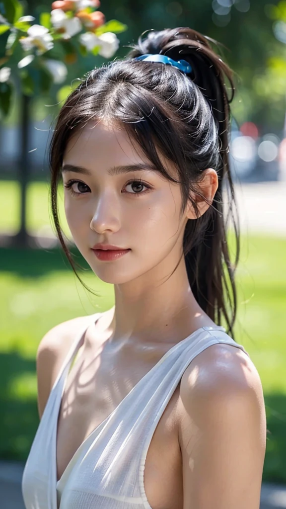 dress,outdoors,Urban Park,On the lawn,One woman,close up face,fully body photo,masutepiece, The highest image quality, High quality, the background is clear,Beautiful woman, Japanese, Detailed, Ultra-detailed, finely detail, hight resolution, 8K Wallpaper, Perfect dynamic composition, Beautiful detailed eyes ,Detailed eyes, Detailed skin, Beautiful skin, 超hight resolution, (reality: 1.4),Very beautiful woman, Slightly younger face, Beautiful skin, slender, (Ultra photo realsisim), (hight resolution), (8K), (Very detailed) (beautifully detailed eyes), (super detailed), (Detailed face), view the viewer, Fine details, Detailed face, Staring straight ahead, Staring straight ahead, photos realistic, Bright lighting, Professional Lighting, Black hair,poneyTail,a baby face,sixteen years old,Hairstyle: ponytail,Long ponytail hairstyle,slight smile,