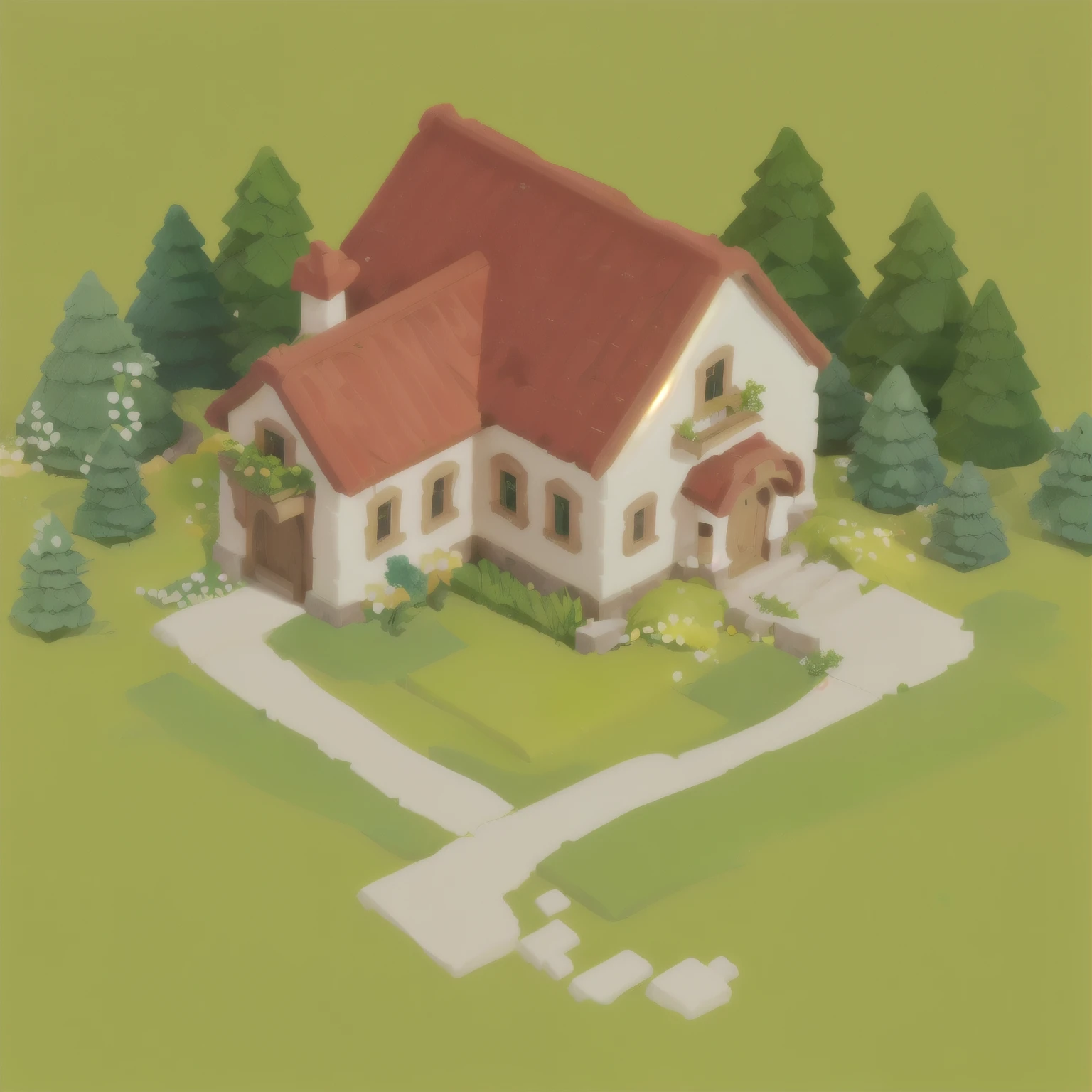 A small house with a red roof and a garden, Isometric,3d,Isometric drawing, forest, Game Art, flower bed,Slate path,grassland,wood,masterpiece,best quality,fine,Blurred Background,Bright,Clean background,Pixar style