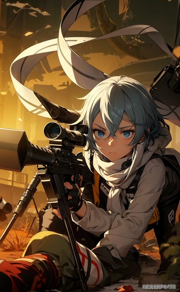Boy with white hair;
shorth hair;
Messy hair;
eye white;
Some gun sight marks on the pupils;
wear black pants;
black jersey;
A white sweater;
A white scarf;
Snow white pupils The sniper is also white in color There's a white sniper on the back;
He is lying on the ground aiming with the sniper Right hands Symmetry Best quality No errors