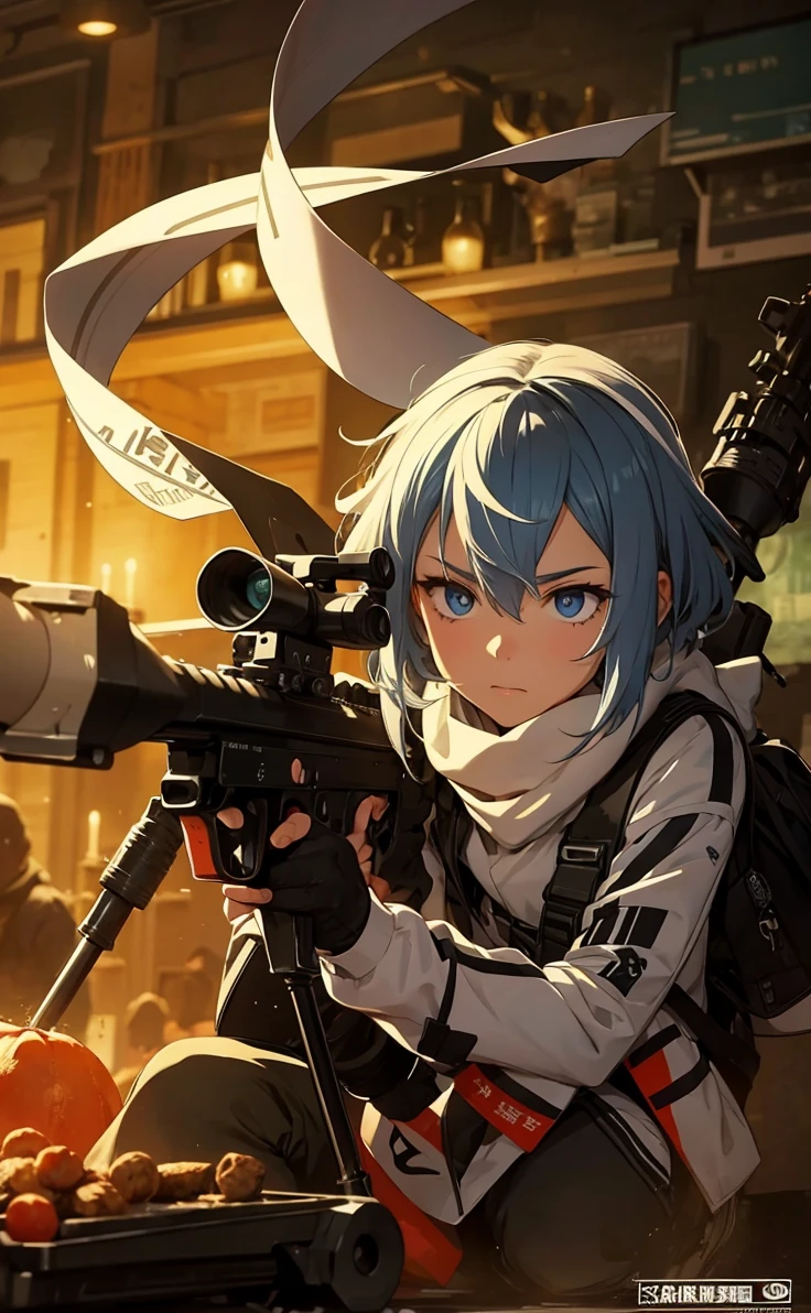 Boy with white hair;
shorth hair;
Messy hair;
eye white;
Some gun sight marks on the pupils;
wear black pants;
black jersey;
A white sweater;
A white scarf;
Snow white pupils The sniper is also white in color There&#39;s a white sniper on the back;


He is lying on the ground aiming with the sniper Right hands Symmetry Best quality No errors 