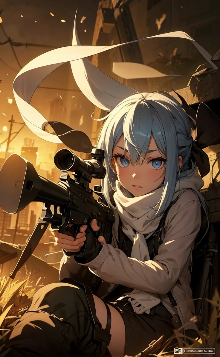 Boy with white hair;
shorth hair;
Messy hair;
eye white;
Some gun sight marks on the pupils;
wear black pants;
black jersey;
A white sweater;
A white scarf;
Snow white pupils The sniper is also white in color There's a white sniper on the back;
He is lying on the ground aiming with the sniper Right hands Symmetry Best quality No errors