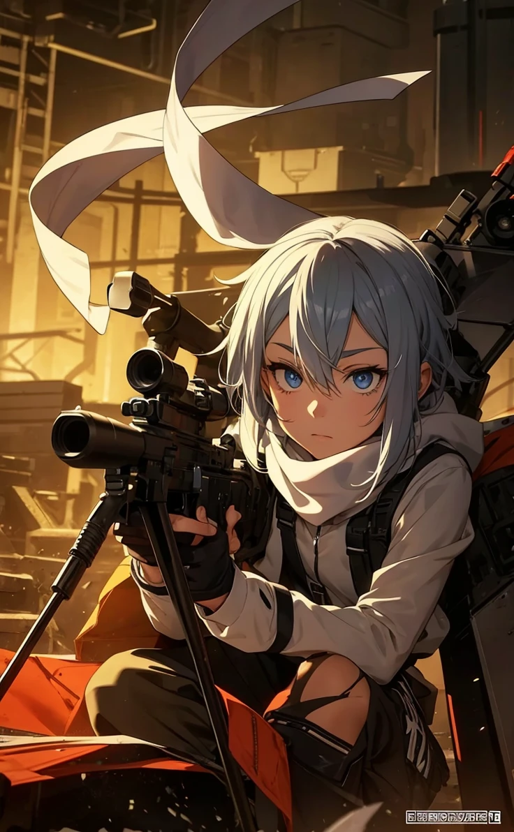 Boy with white hair;
shorth hair;
Messy hair;
eye white;
Some gun sight marks on the pupils;
wear black pants;
black jersey;
A white sweater;
A white scarf;
Snow white pupils The sniper is also white in color There's a white sniper on the back;
He is lying on the ground aiming with the sniper Right hands Symmetry Best quality No errors