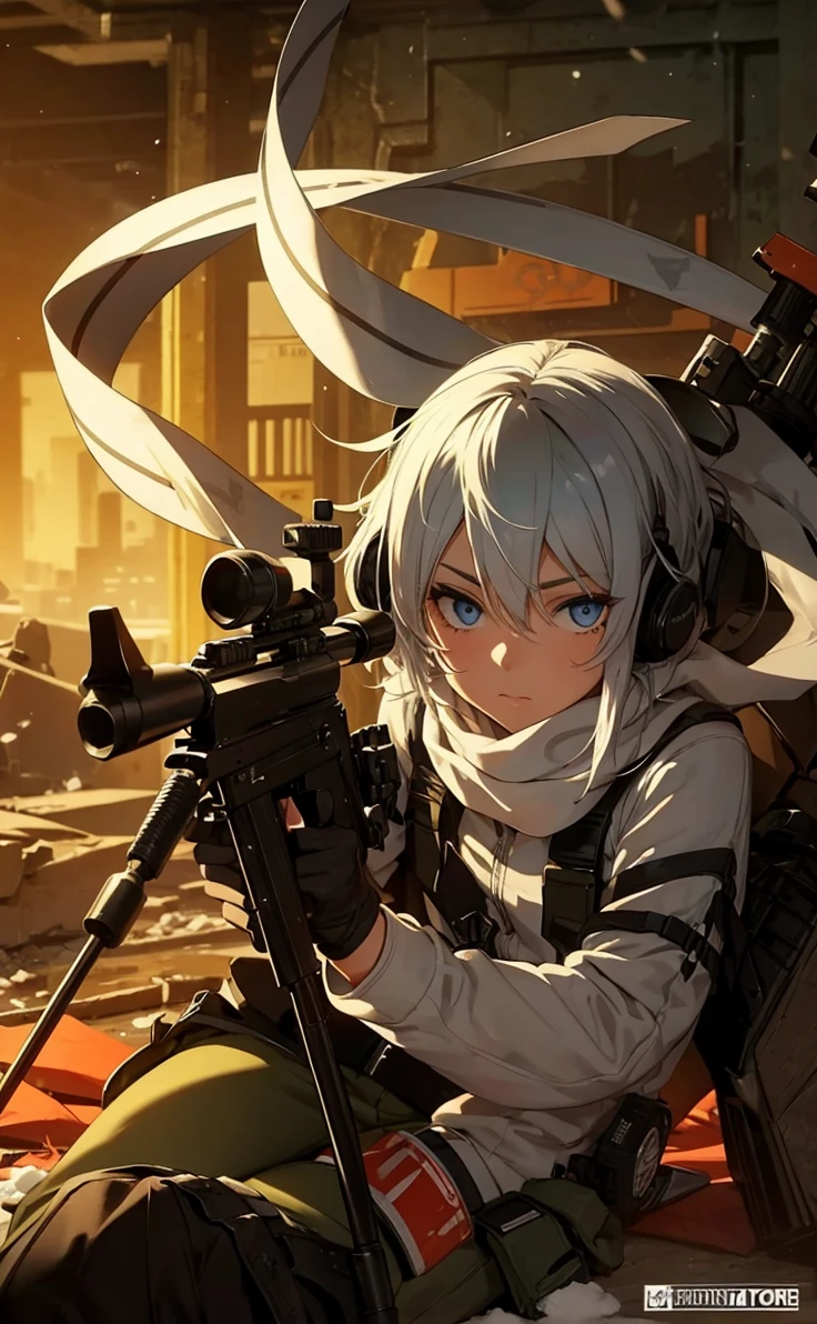 Boy with white hair;
shorth hair;
Messy hair;
eye white;
Some gun sight marks on the pupils;
wear black pants;
black jersey;
A white sweater;
A white scarf;
Snow white pupils The sniper is also white in color There&#39;s a white sniper on the back;


He is lying on the ground aiming with the sniper Right hands Symmetry Best quality No errors 