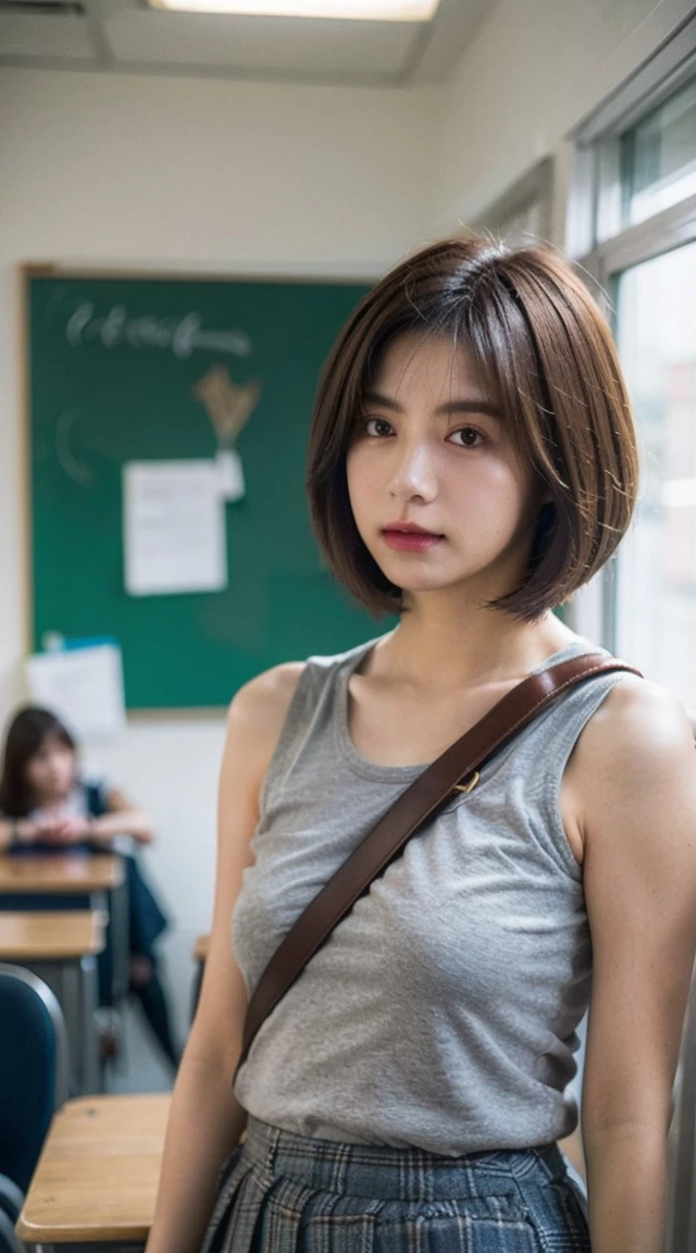  Highest quality, shape, Very detailed, finely, High resolution, 8k wallpaper, 完璧なダイナミックな構shape, Beautiful and exquisite,  Natural Lip, whole body, front,Shyness、Embarrassed expression、Large Breasts、Bob Cut Hair、University classroom、Pleated skirt、(((Looking into the camera)))、Brown Hair、Tank top、Shoulder bag