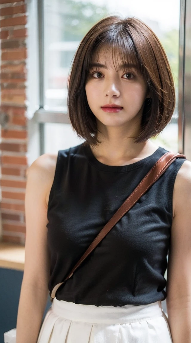  Highest quality, shape, Very detailed, finely, High resolution, 8k wallpaper, 完璧なダイナミックな構shape, Beautiful and exquisite,  Natural Lip, whole body, front,Shyness、Embarrassed expression、Large Breasts、Bob Cut Hair、University classroom、Pleated skirt、(((Looking into the camera)))、Brown Hair、Tank top、Shoulder bag