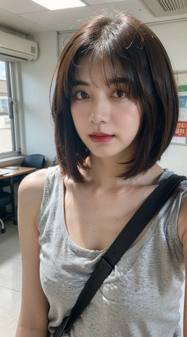 Highest quality, shape, Very detailed, finely, High resolution, 8k wallpaper, 完璧なダイナミックな構shape, Beautiful and exquisite, Natural Lip, whole body, front,Shyness、Embarrassed expression、Large Breasts、Bob Cut Hair、University classroom、Pleated skirt、(((Looking into the camera)))、Brown Hair、Tank top、Shoulder bag