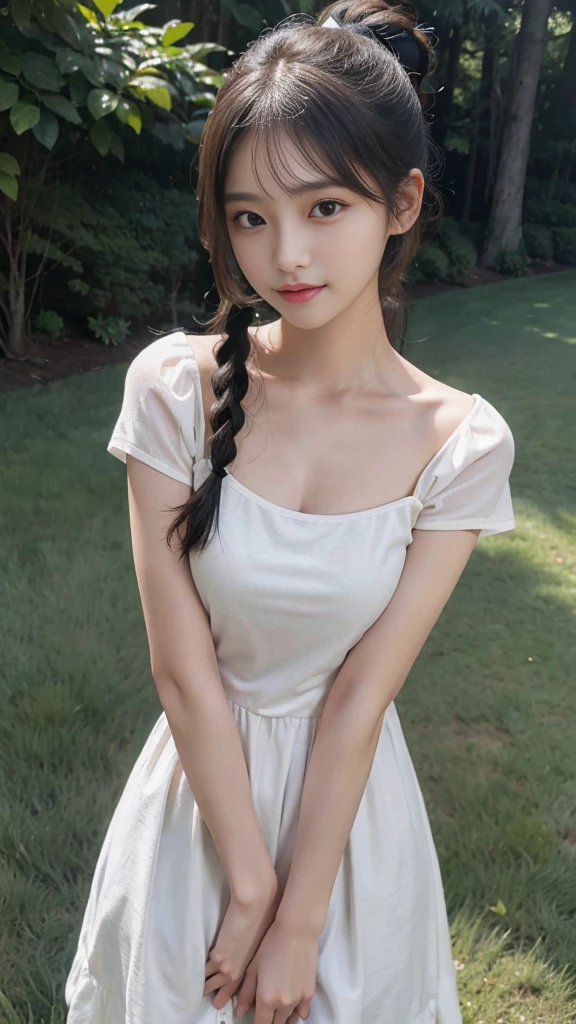 collared dress,European park,On the lawn,One woman,masutepiece, The highest image quality, High quality, the background is clear,Beautiful woman, Japanese,Ultra-detailed, finely detail, hight resolution, 8K Wallpaper, Perfect dynamic composition, Beautiful detailed eyes , Detailed, Detailed eyes, Detailed skin, Beautiful skin, 超hight resolution, (reality: 1.4),Very beautiful woman, Slightly younger face, Beautiful skin, slender, (Ultra photo realsisim), (hight resolution), (8K), (Very detailed) (beautifully detailed eyes), (super detailed), (Detailed face), view the viewer, Fine details, Detailed face, Staring straight ahead, Staring straight ahead, photos realistic, Bright lighting, Professional Lighting, Black hair,poneyTail,a baby face,sixteen years old,Hairstyle: ponytail,Long ponytail hairstyle,slight smile,neat and tidy clothing,Beautiful Japanese KPOP idol photo, hair style is ponytail, my eyes are double and wide, baby face, smile and look straight ahead, slender, small breasts,Close up face,