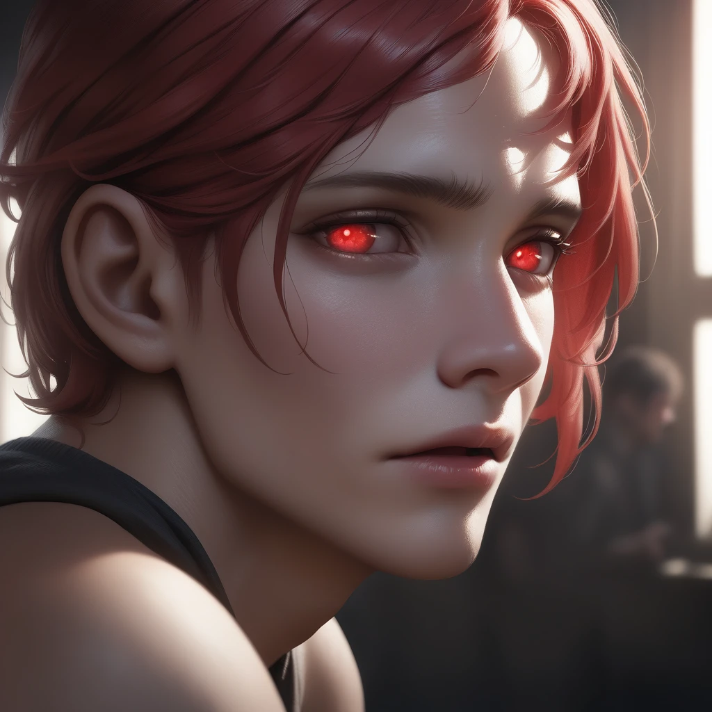 a boy with short red hair, close-up face, red glowing eyes, long red hair, (best quality,4k,8k,highres,masterpiece:1.2),ultra-detailed,(realistic,photorealistic,photo-realistic:1.37),cinematic lighting,dramatic,fantasy,vibrant colors,chiaroscuro lighting,moody,atmospheric
