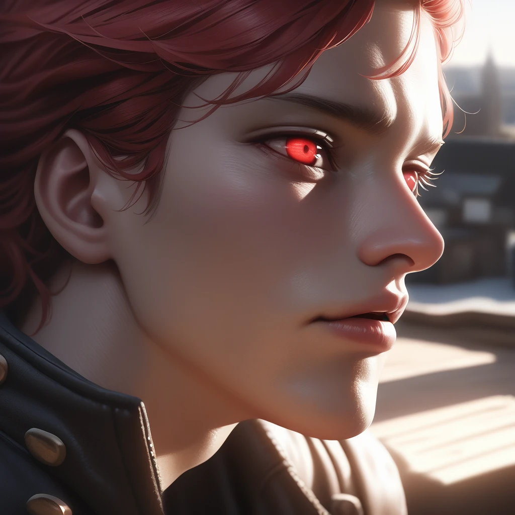 a boy with short red hair, close-up face, red glowing eyes, long red hair, (best quality,4k,8k,highres,masterpiece:1.2),ultra-detailed,(realistic,photorealistic,photo-realistic:1.37),cinematic lighting,dramatic,fantasy,vibrant colors,chiaroscuro lighting,moody,atmospheric