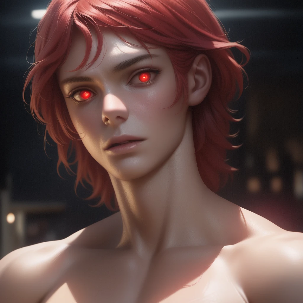 a boy with short red hair, close-up face, red glowing eyes, long red hair, (best quality,4k,8k,highres,masterpiece:1.2),ultra-detailed,(realistic,photorealistic,photo-realistic:1.37),cinematic lighting,dramatic,fantasy,vibrant colors,chiaroscuro lighting,moody,atmospheric