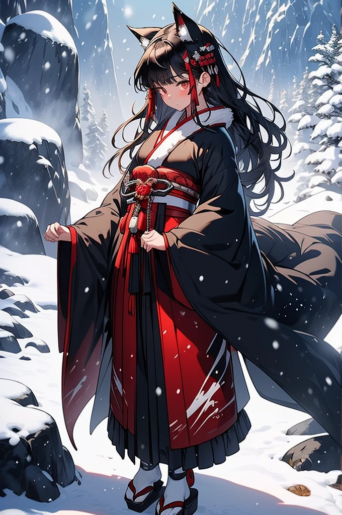 ((masterpiece, top quality, super definition, high definition)), solo, cinematic lighting, detailed outfit, rich in details, ray tracing ultra detailed, (1woman:1.3), (Japanese snowy forest landscape:1.3)side view, sharp focus, long black hair (curly hair)brown eyes, scars on her face, dark skin woman, wolf tail and ears, fantasy, holding a long black red white katana, small breast, shogun, Anime style, masculine body, flowing dark blue kimono adorned with red, white, fur, and black detailing. traditional geta footwear, ancient Japan, armor pad, red moon