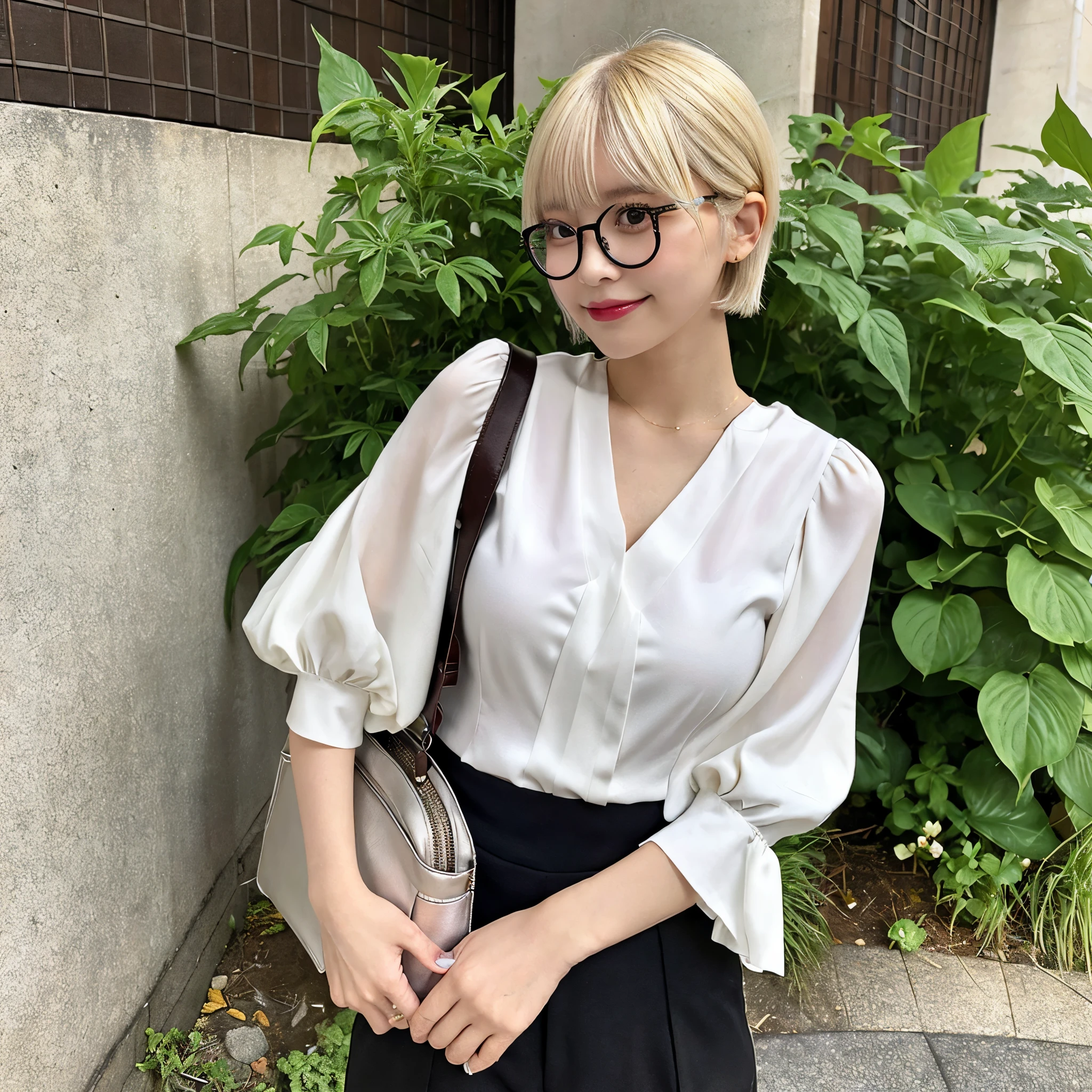 masutepiece, Best Quality, Illustration, Ultra-detailed, finely detail, hight resolution, 8K Wallpaper, Perfect dynamic composition, Beautiful detailed eyes, BREAK Puff-sleeve hemp blend blouse,high-waisted recycled polyester wide-leg pants,plant-based leather slingback flats,recycled nylon messenger bag,biodegradable acetate glasses,,Bun Short, icy platinum blonde hair, chin-length bob, razor cut ends, dark shade,Small breasts natural color lip, sexypose,Smile,Harajuku、24 years girl、Cute、is looking at the camera