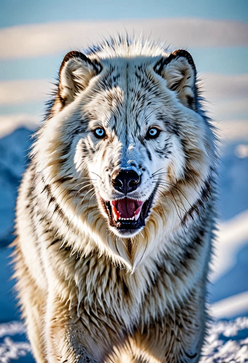a mammal , with white fur with brown spots, large, imposing teeth and gray eyes, super aggressive appearance and quadruped, long fur, with an arctic climate in the background, make it very big