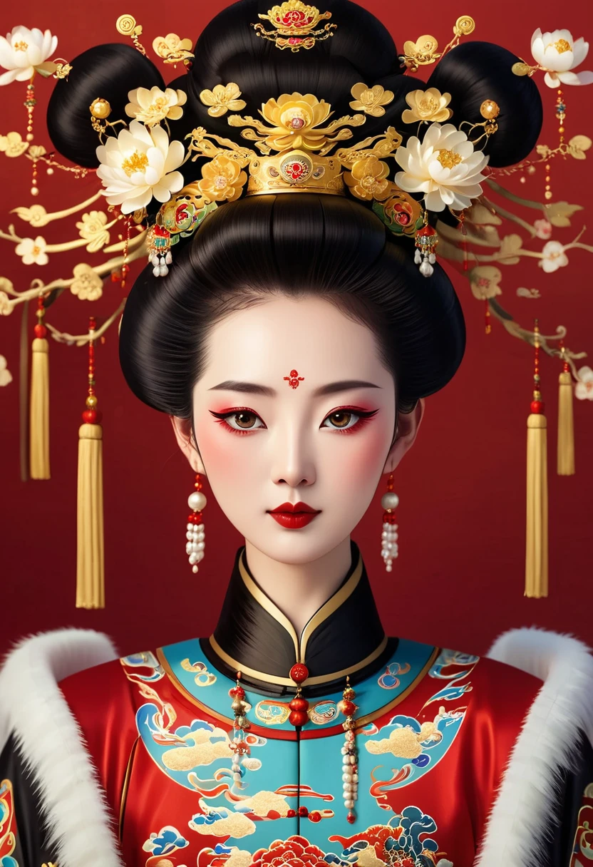 Solemn girl portrait,symmetry,Round Face,Bright Eyes,Smooth skin,Red peony headdress,Elegant and luxurious,Wealth,Gorgeous black and gold costumes,Chinese Qing Dynasty flag costumes,Selfish,Chinese Emperor,High bun,Gorgeous golden crown,tassel,palace,Clean background,(((Wu Zetian,Empress))),Fur collar cape,Pearl tassels,Pearl Makeup,Red background