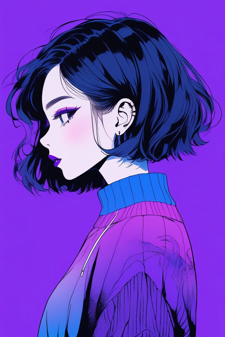 (best quality, sketch:1.2),realistic,Illustrator,japanese cartoon movies,1 girl, detailed lips,sweater,custom,blue gradient background,Neon Hair,Textured Crop,Canadian, masterpiece, style retro classic, dark black, Telegraph art, sketch book, (bob hair purple:1.35, Black color:1.55)