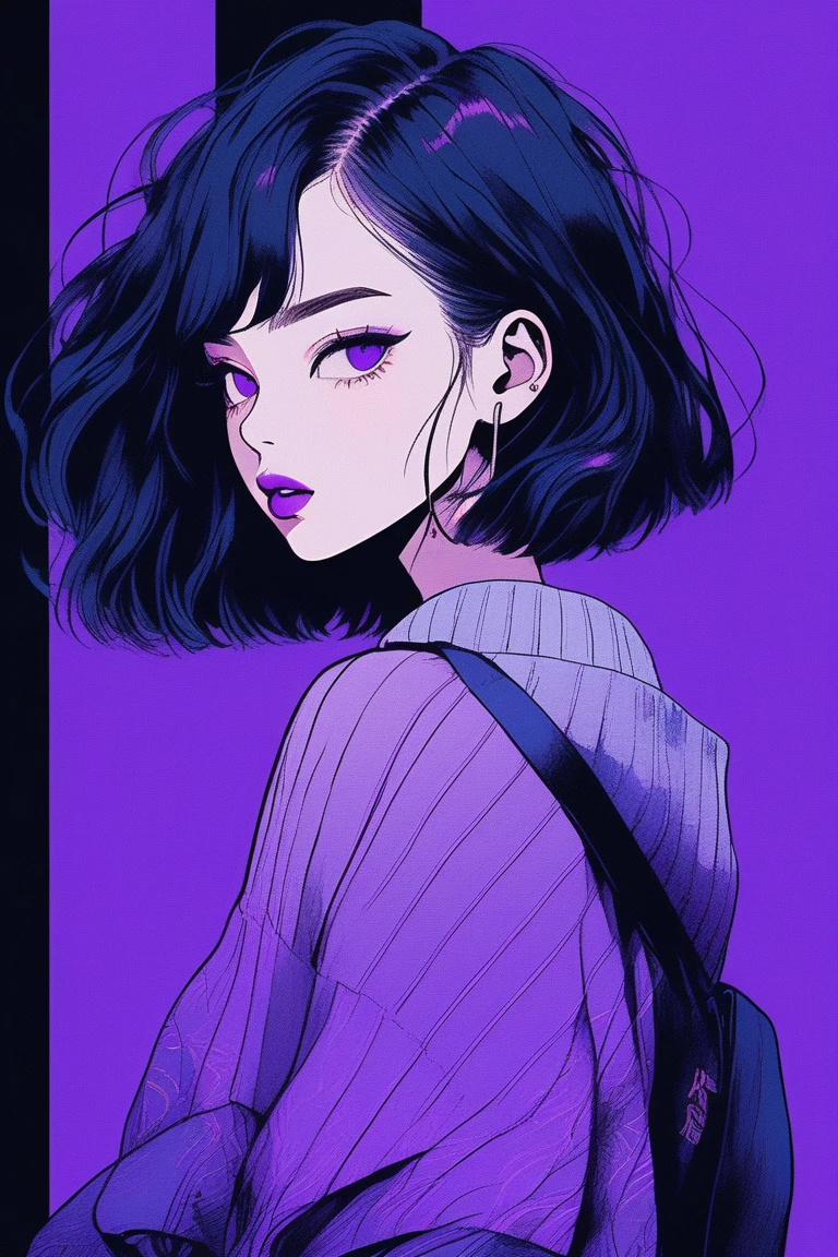 (best quality, sketch:1.2),realistic,Illustrator,japanese cartoon movies,1 girl, detailed lips,sweater,custom,blue gradient background,Neon Hair,Textured Crop,Canadian, masterpiece, style retro classic, dark black, Telegraph art, sketch book, (bob hair purple:1.35, Black color:1.55)