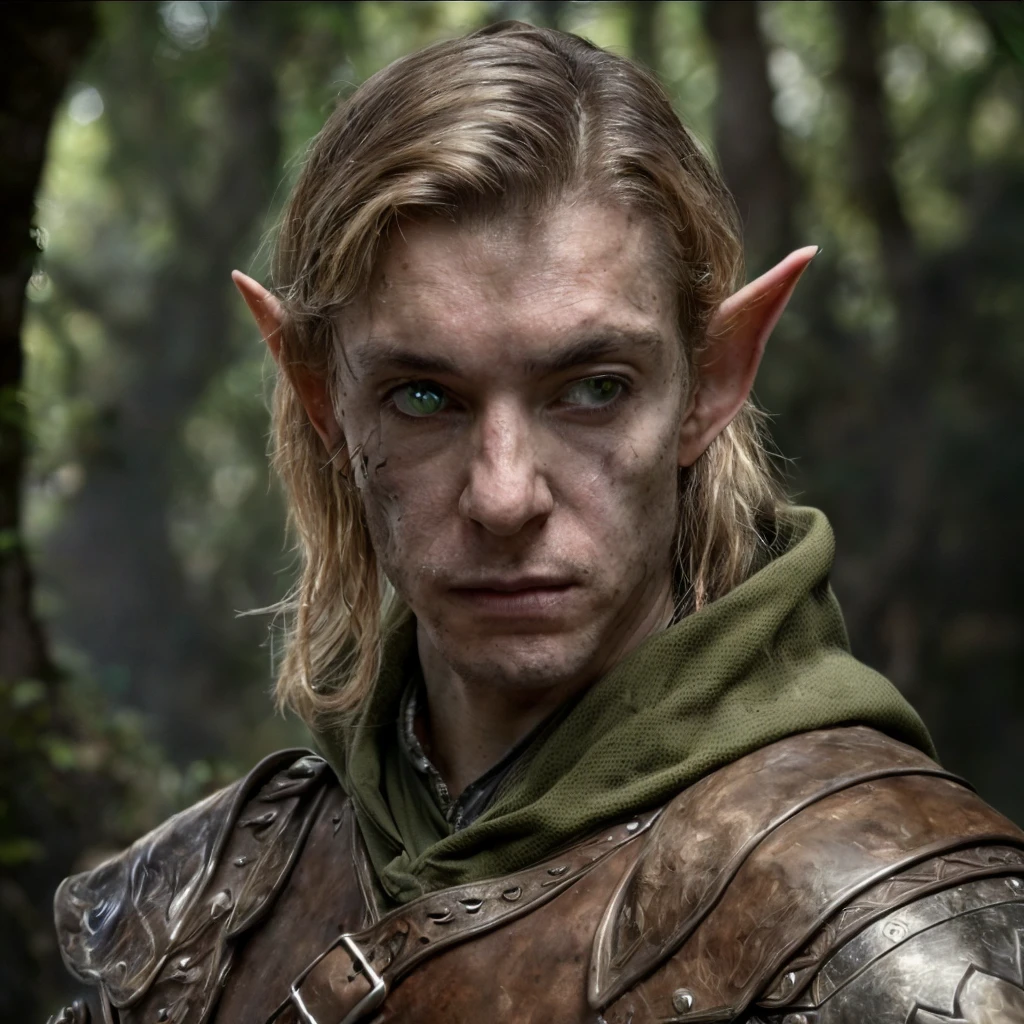 (masterpiece)+, (extremely (realistic)+,a portrait of an extremely ugly young male elf ranger, Wearing leather armor, extremely sharp facial features, bad skin, scars, skin imperfections, angry proud stare. Looking in camera. volumetrics dtx, Photorealistic, ultra detailed, Artstation trending, very very detailed, realistic shaded lighting, dynamic shadows, detailed dark alley background, upper body, professional photograph of a detailed skin, sharp focus, dramatic, award winning, cinematic lighting, octane render, unreal engine, volumetrics dtx, Photorealistic, ultra detailed, Artstation trending, very very detailed, hyperrealistic, fine details, realistic shaded lighting, dynamic shadows, Dark alley background, add_detail:1, skin pores and wrinkles, details.,More Reasonable Details
