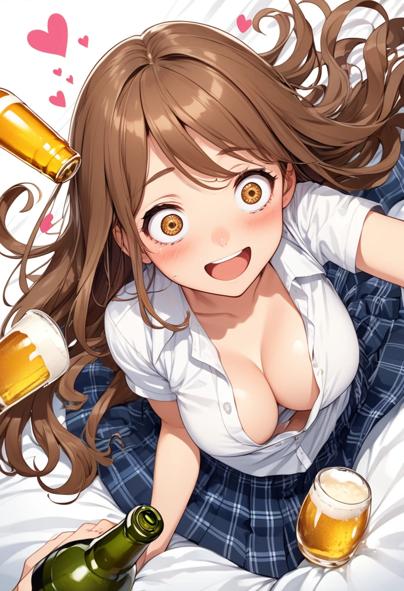 detailed illustration, dynamic angle, ultra-detailed, illustration, 1girl, 18 year old, school girl, wavy brown hair, long hair, bright brown eyes, hearts, white shirt, blue plaid skirt, cleavage, flush, blush, arousal, laying on bed, drunk, dizzy, swirl eyes, wide eyes, open mouth, confused, wide eyes, shocked eyes, amazed eyes, beer bottle, happy, smile