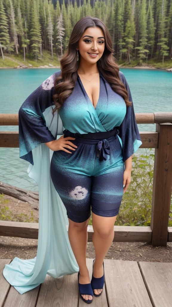 monali thakur Indian beautiful actress curvy plus size hour glass bulky huge figure woman, closeup camera view, big huge m-cup breast, wearing Allover Print Batwing Sleeve Belted Jumpsuit(Random Print) Color: Navy Blue , covered Bust , elegant standing position, eye contact view, different style hairstyle, bright eyes, thin eyebrows, fair skin, blushing cheeks, prefect head to toe view, full body, and expansive views, ideal for high-fashion or editorial shoots, ultra realistic skin texture, head to toe view, full body shot, full body view, smile face, black hair, Indian face, perfect skin tone light, ultra realistic skin texture, bigger waist, busty, big hips, fleshy thighs, thick thighs, busty, full body view, Banff National Park, Canada: Majestic mountains, turquoise lakes, and pristine wilderness.