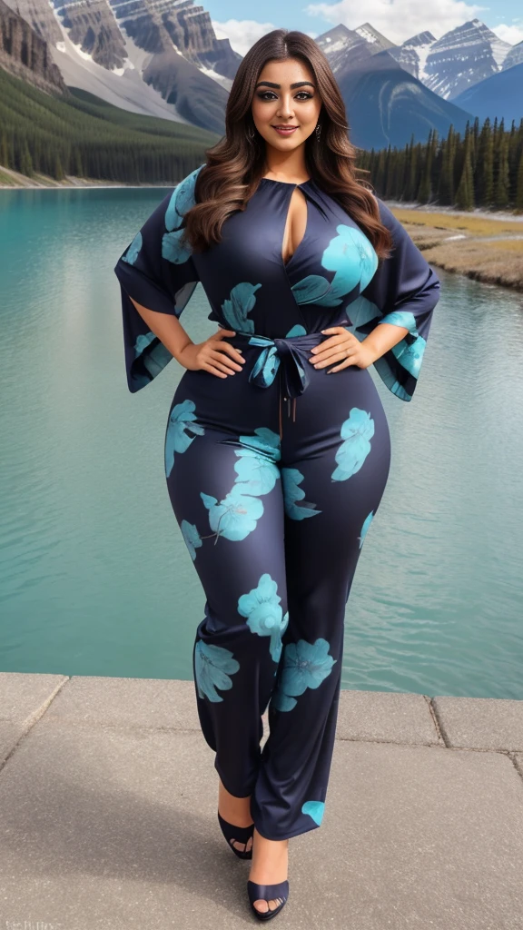 monali thakur Indian beautiful actress curvy plus size hour glass bulky huge figure woman, closeup camera view, big huge m-cup breast, wearing Allover Print Batwing Sleeve Belted Jumpsuit(Random Print) Color: Navy Blue , covered Bust , elegant standing position, eye contact view, different style hairstyle, bright eyes, thin eyebrows, fair skin, blushing cheeks, prefect head to toe view, full body, and expansive views, ideal for high-fashion or editorial shoots, ultra realistic skin texture, head to toe view, full body shot, full body view, smile face, black hair, Indian face, perfect skin tone light, ultra realistic skin texture, bigger waist, busty, big hips, fleshy thighs, thick thighs, busty, full body view, Banff National Park, Canada: Majestic mountains, turquoise lakes, and pristine wilderness.
