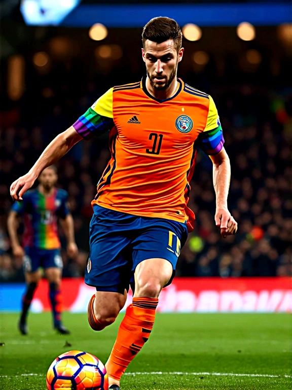 highly detailed photograph,euro 2024 advertisement,epic text,european soccer player,rainbow jersey,orange ball,dynamic composition,movie poster,best quality,4k,8k,highres,masterpiece:1.2,ultra-detailed,realistic,photorealistic,photo-realistic:1.37,HDR,UHD,studio lighting,ultra-fine painting,sharp focus,physically-based rendering,extreme detail description,professional,vivid colors,bokeh,sports,football,action,dynamic,motion blur,dramatic lighting