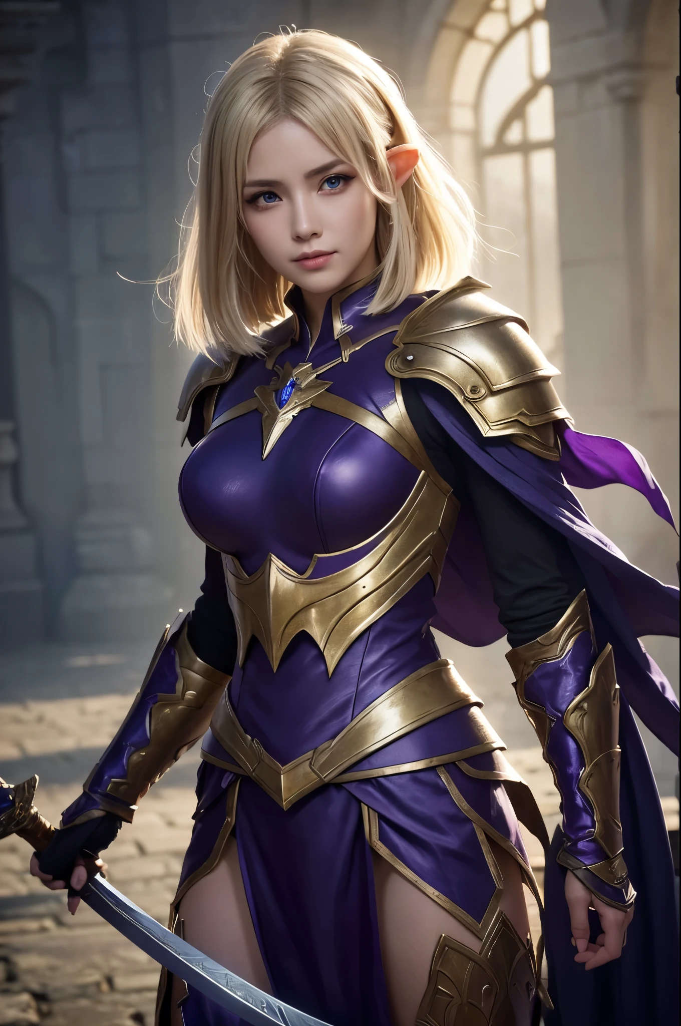 8K,Super beautiful elf with short blonde bob hair、Ala-fed woman in purple and black costume posing with a sword、超詳細なFantasy Characters、3D rendering character art 8K、blue eyes、artgerm;3D Unreal Engine、Fantasy Costume、4 k detail fantasy、2.5 d cgiアニメファンタジーアートワーク、Stunning Armor、Fantasy Characters、Stunning character art、Enchantingなメスマー女性、Gorgeous Female Paladin、Ultra-high resolution、Ultra-realisticな肌、Beautiful expression、Sexy appearance、Enchanting、Beautiful small breasts,Rich colors、Backlight、Cinema Lighting、Film Grain、50mm lens、Nikon D850、Ultra-high resolution、Ultra-realistic、Dynamic fighting poses、In a dimly lit dungeon、Makeup、