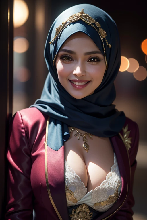 a gorgeous middle-aged busty woman, hijab, blazer, beautiful smile showing teeth, pov, lover, cinematic lighting, (best quality,4k,8k,highres,masterpiece:1.2),ultra-detailed,(realistic,photorealistic,photo-realistic:1.37),HDR,UHD,studio lighting,ultra-fine painting,sharp focus,physically-based rendering,extreme detail description,professional,vivid colors,bokeh,portrait,photorealistic,cinematic,dramatic lighting