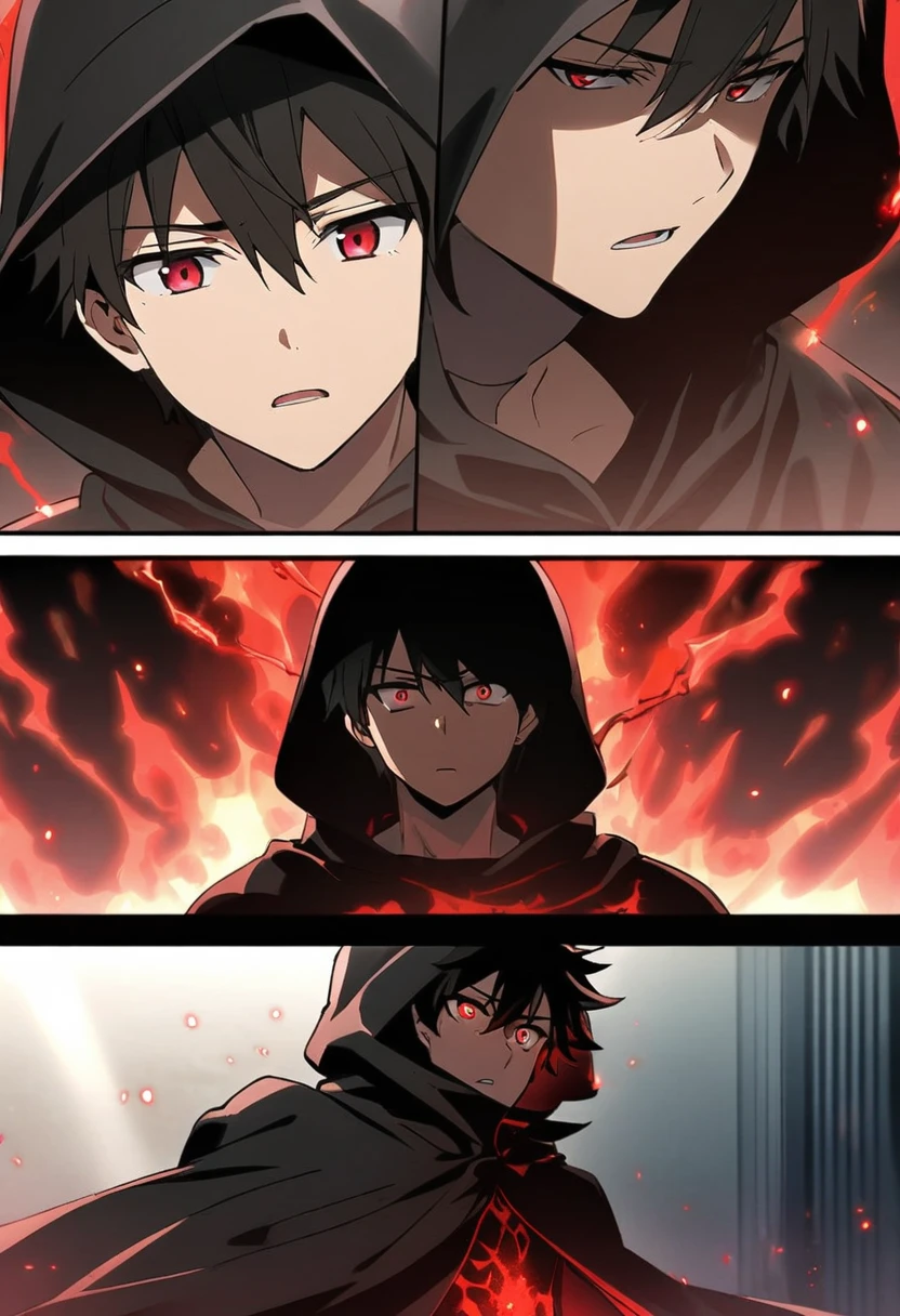 anime comic, a teenage boy character with black hair, crimson eyes. he wore a black cloak with a hood covering his head. he had a dangerous power, a blood red aura around him. he saw the destruction of his country.